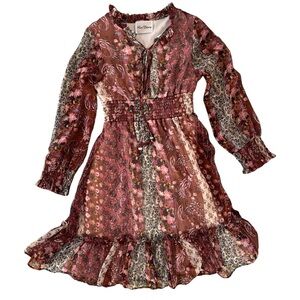 🌸🌸3/$15🌸🌸 Girls Ruffled Tiered Dress 14 Brown Pink Sundress Long Bishop Sleeves